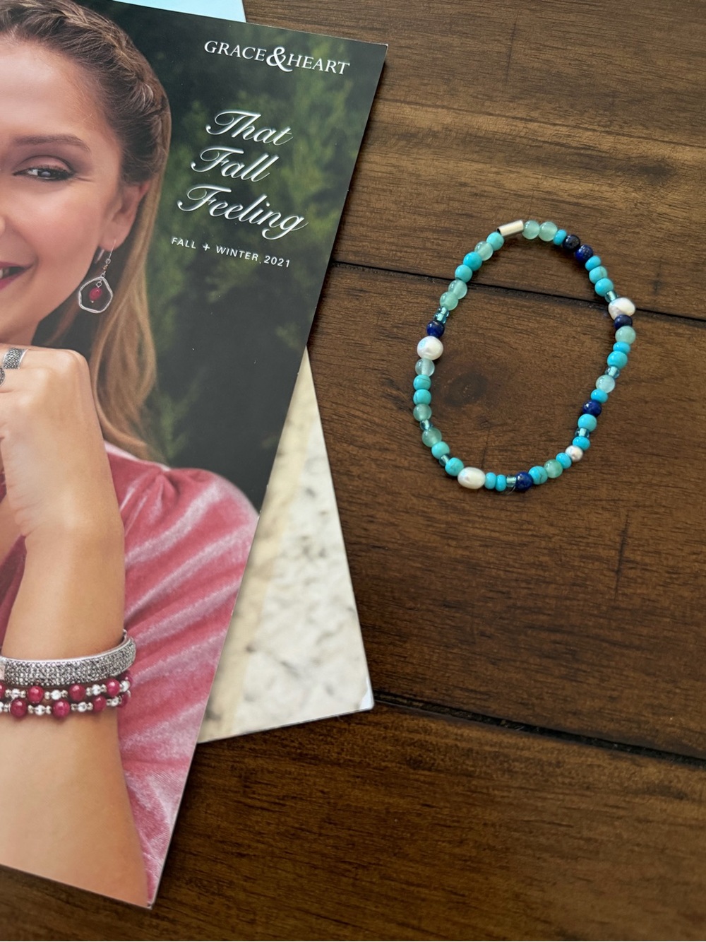 Grace & Heart G&H AQUATIC Bracelet 7”Stretch SS Lapis Pearl Aventurine